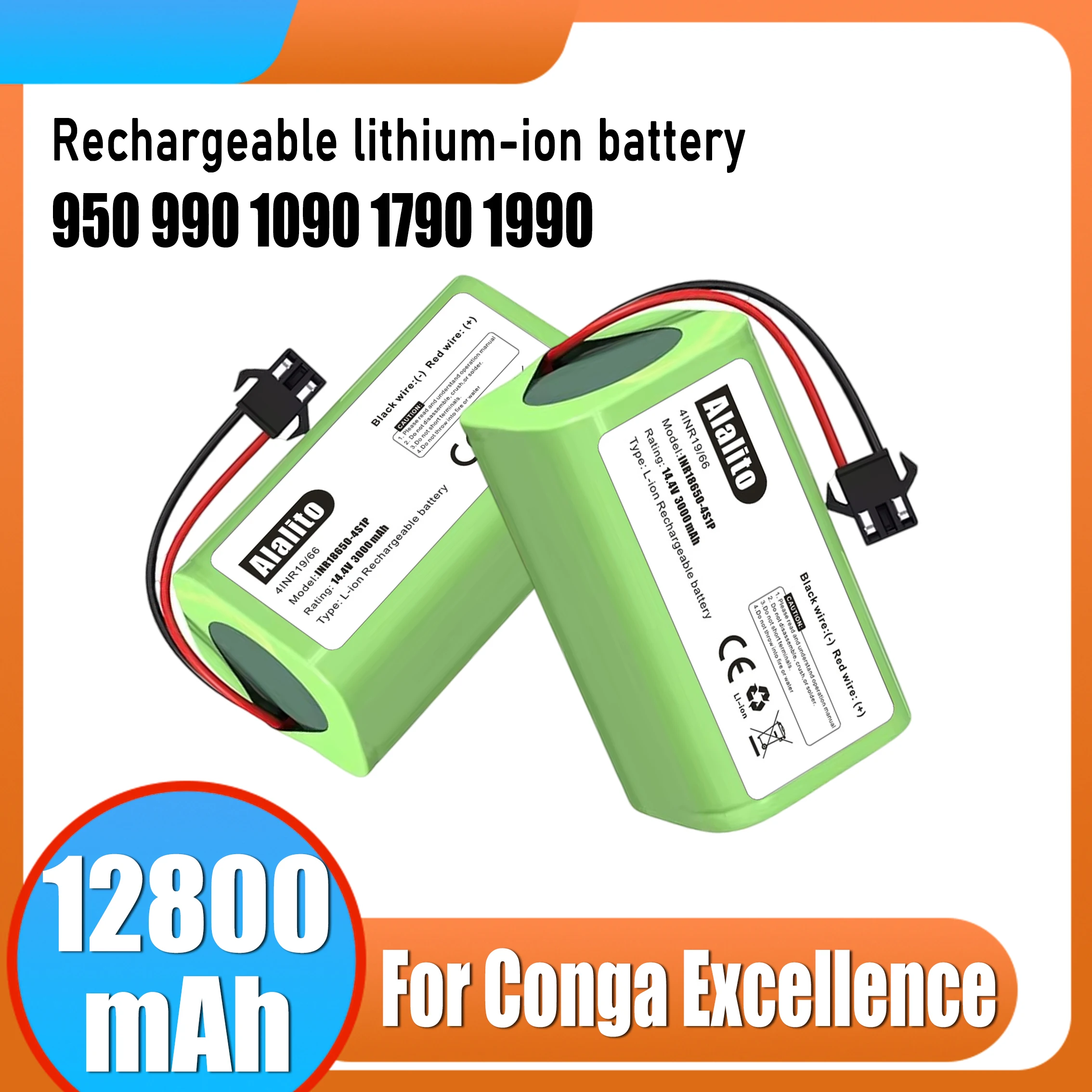 14.4V/14.8V 12800mAh，for Conga Excellence robot vacuum cleaner battery, compatible with 950 990 1090 1790 1990