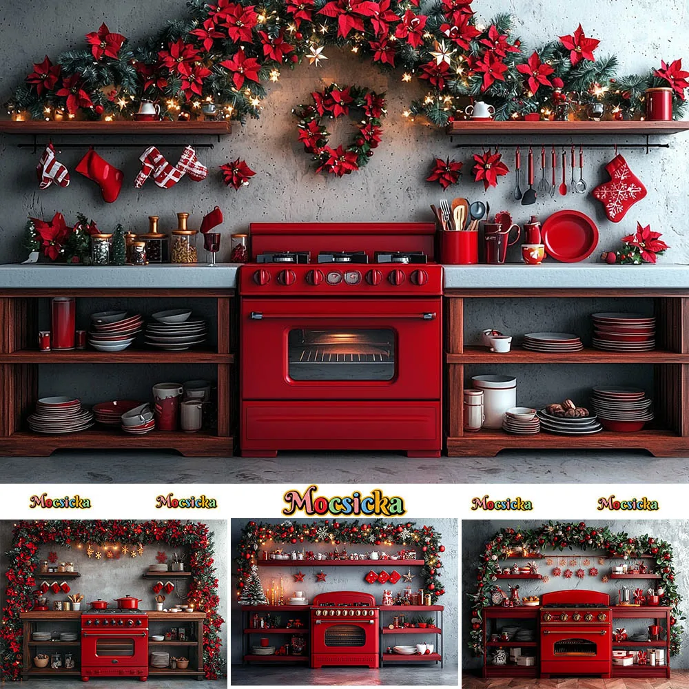 Mocsicka Photography Background Christmas Kitchen Red Socks Decoration Children Holiday Portrait Photo Backdrop Studio Props