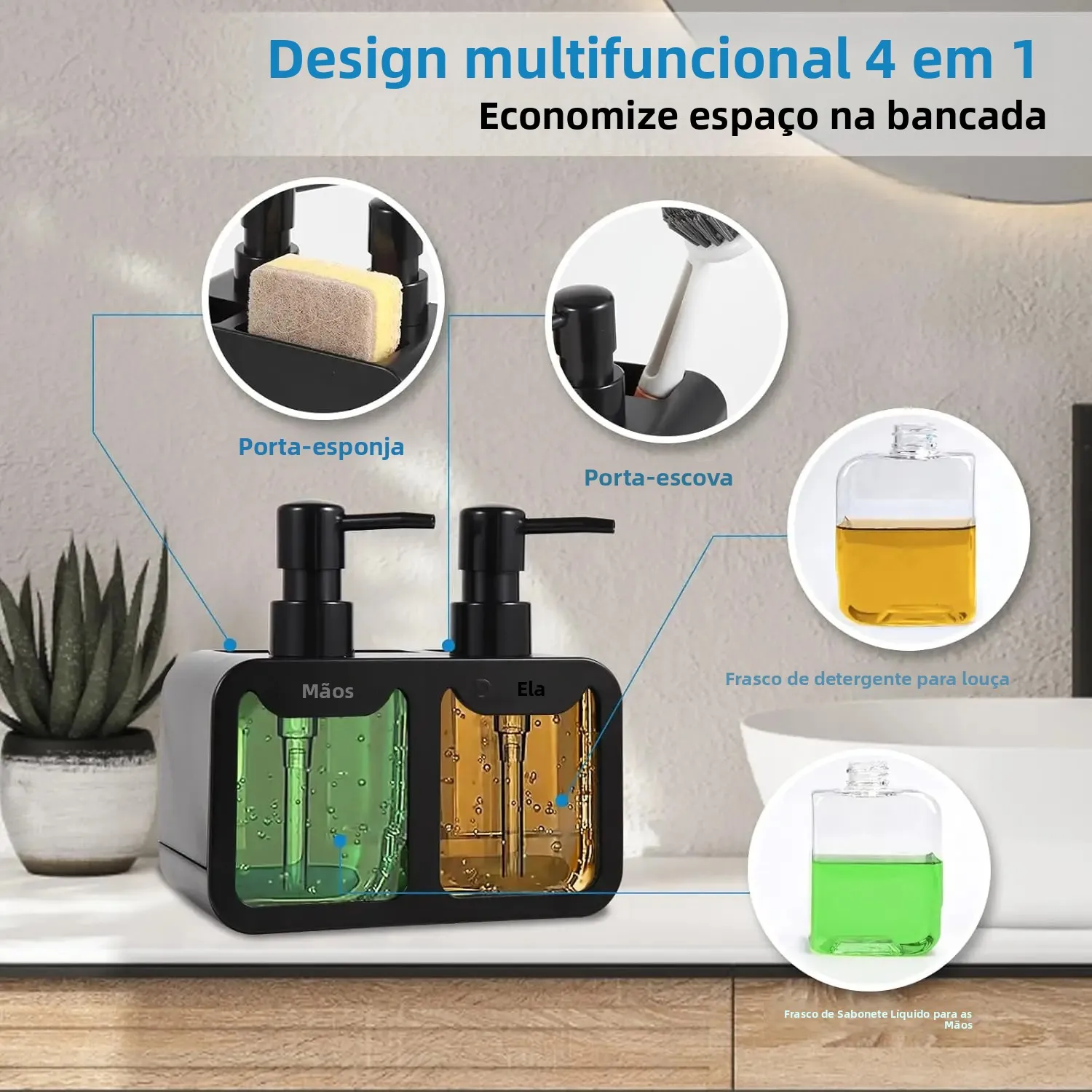 Conjunto de Dispensador de Sabão Manual para Cozinha e Banheiro, Ferramentas de Armazenamento para Pia