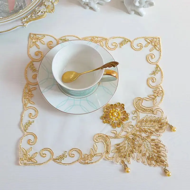 HOT gold flowers beads Embroidery table cloth cover wedding dining tablecloth kitchen Christmas Table decoration and accessories