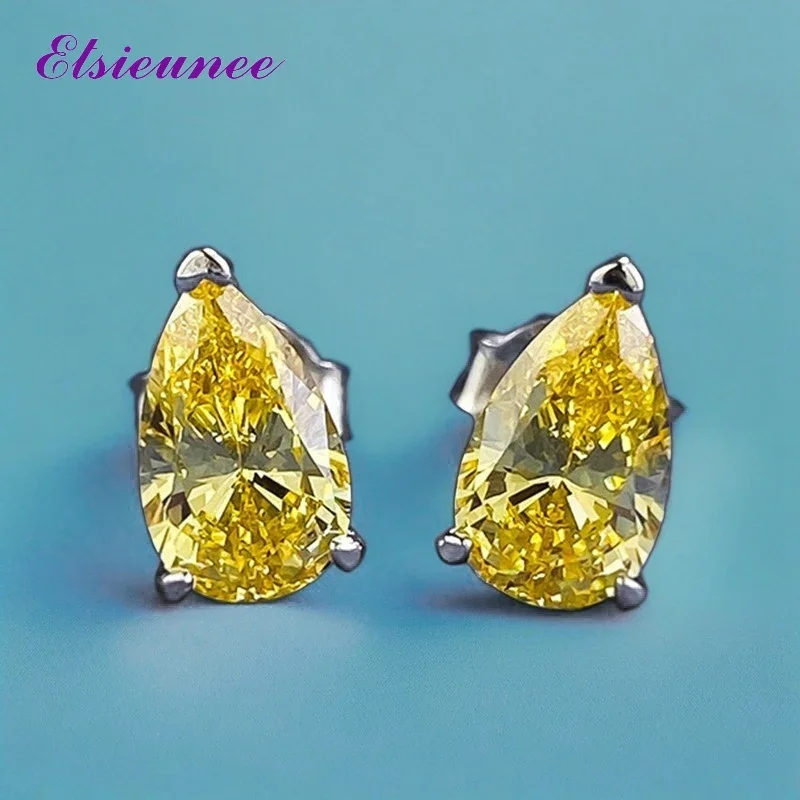 

ELSIEUNEE New Sparkling 925 Sterling Silver Pear Cut Citrine Lab Diamond Stud Earrings for Women Wedding Party Fine Jewelry Gift