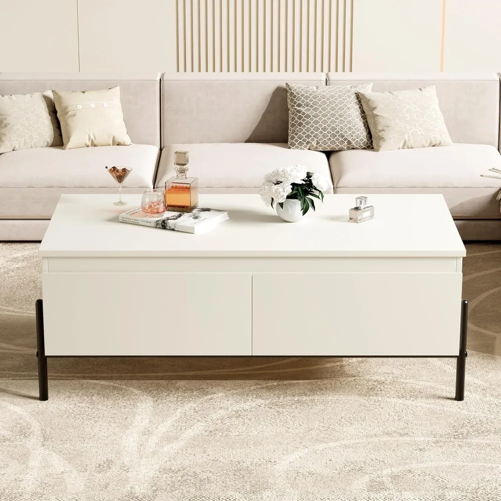 

Modern Farmhouse White Wooden Coffee Table with Open Storage, Metal Legs, Drawers - Tea Table for Living Room, Office, Bedroom &