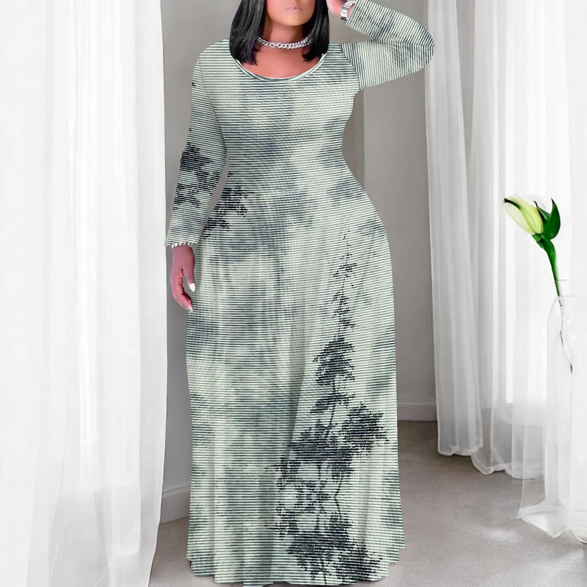 

Women's Yellow Geometric Crew Neck Long Sleeve Printed Maxi Dress Polyester with Pockets Casual Summer
