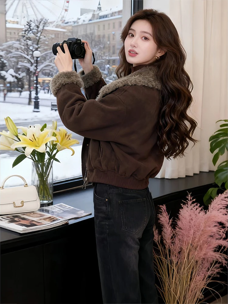 Damska kurtka z futra jagnięcego Thiened, koreański styl, luźny krój, ciepły płaszcz, zimowa odzież wierzchnia, casualowa, elegancka odzież damska.