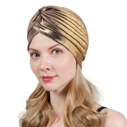 New Women Gold Silver Turban Hats Chemo Bandana Hijab Pleated Indian Cap Turbante Hat Ladies Hair Loss Headscarf Muslim Headwear