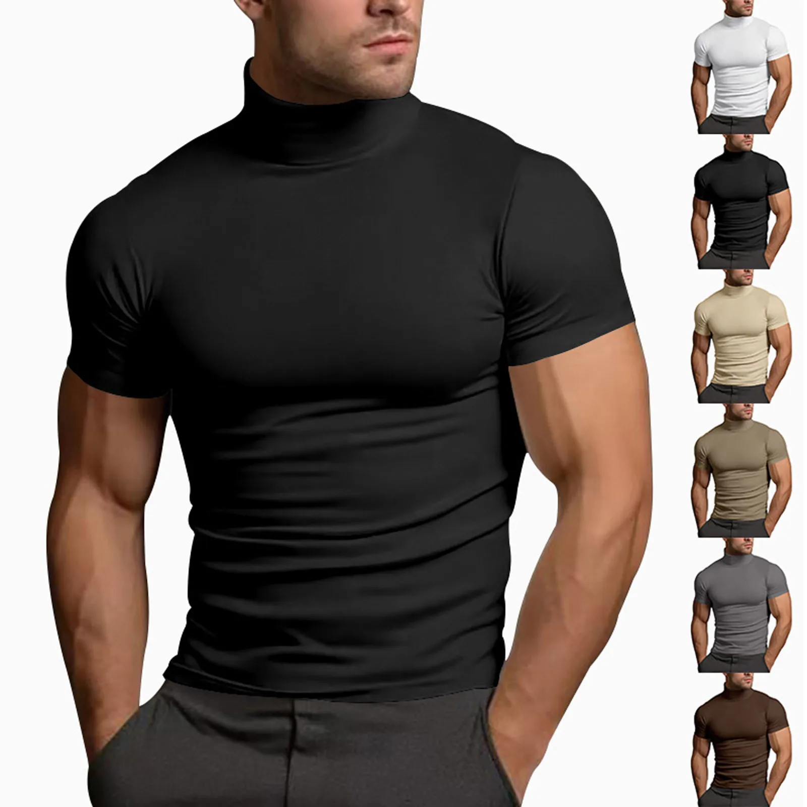 Summer Solid Color T-Shirts For Men Causal Short-Sleeved Fashion Bottoming Shirt New Tight Turtleneck Sport Fitness T-Shirt