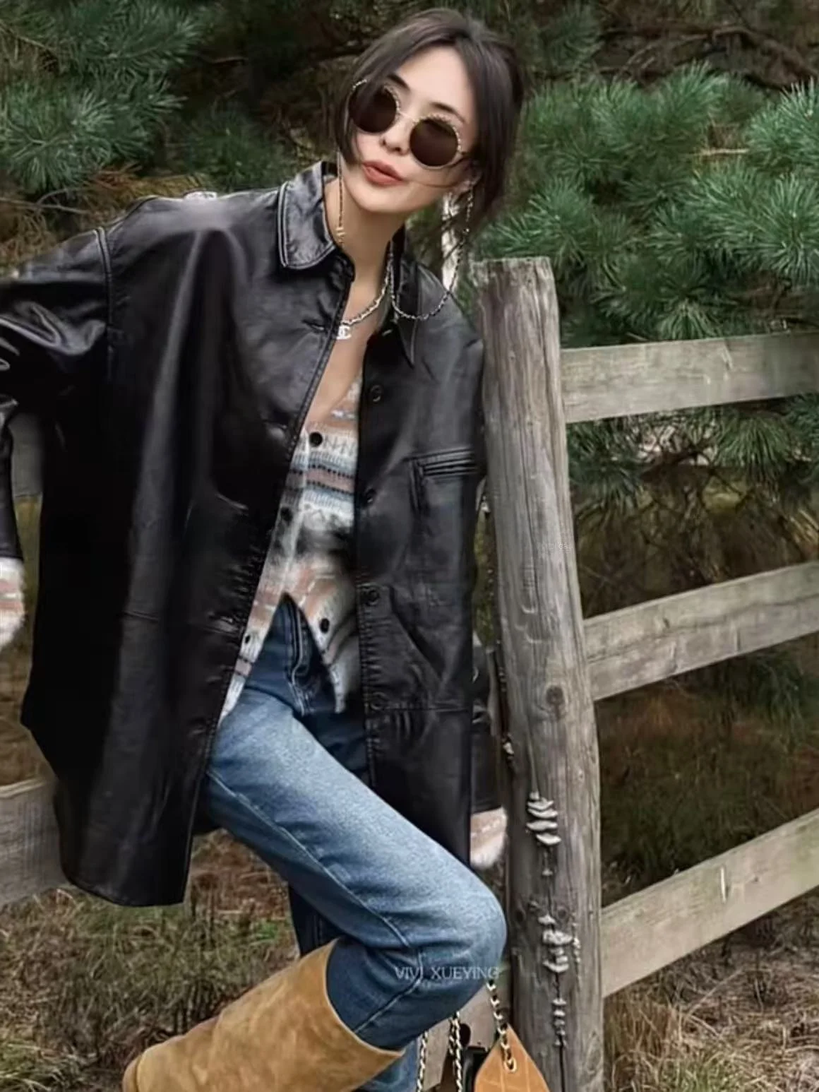 

2025 New Women's Genuine Leather Jaet eepskin Coat Loose Casual Versatile Slimming ort Zipper Sle Commute Wind