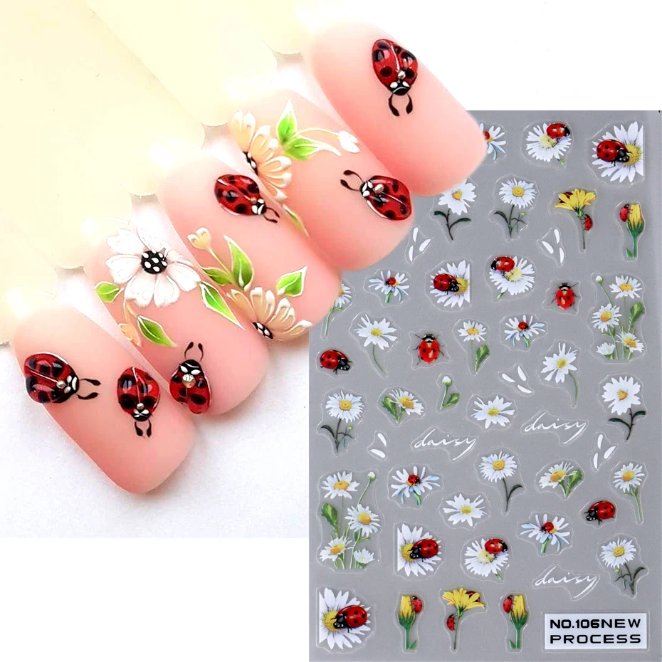 Bee Ladybug Nail Art Stickers 3D Autumn Leaves Daisy Florals Slider Cute Animal Bird Decal Manicure Decoration Nails Tips Beauty