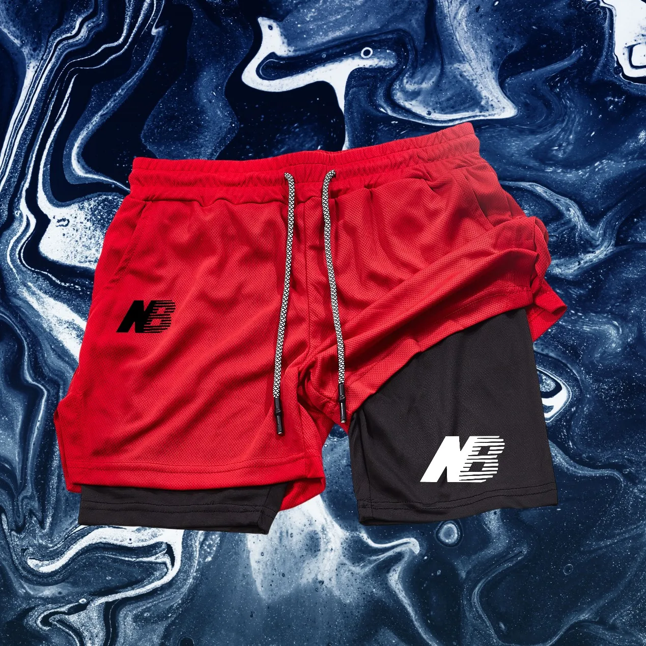 

Men's tight fitting sports shorts, casual and fashionable printed sports pants, double-layer 2-in-1 quick drying fitness shorts