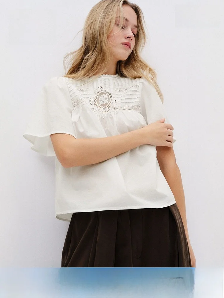 

Spring New Women's Embroidered Cotton Hollow out Top Retro Sle Fitted round Ne ort Sve round Ne Cotton irt