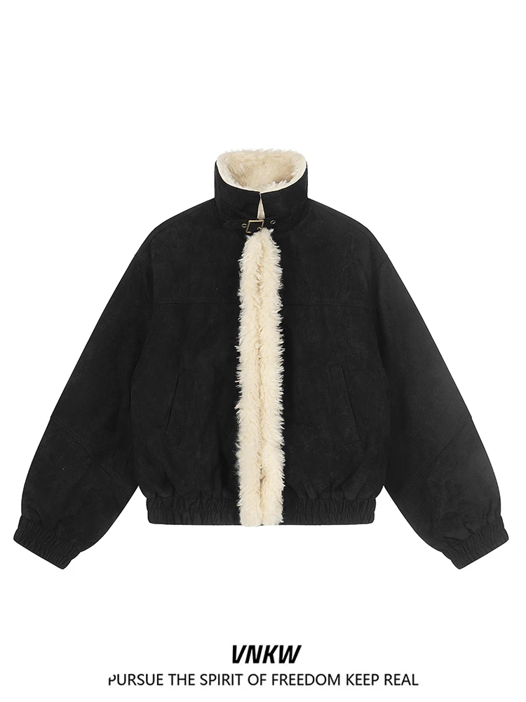 

Retro American Lamb Fur Cotton Jaet Men's Loose ort Thiened Stand Collar Warm Couple's Cotton Coat Autumn Winter