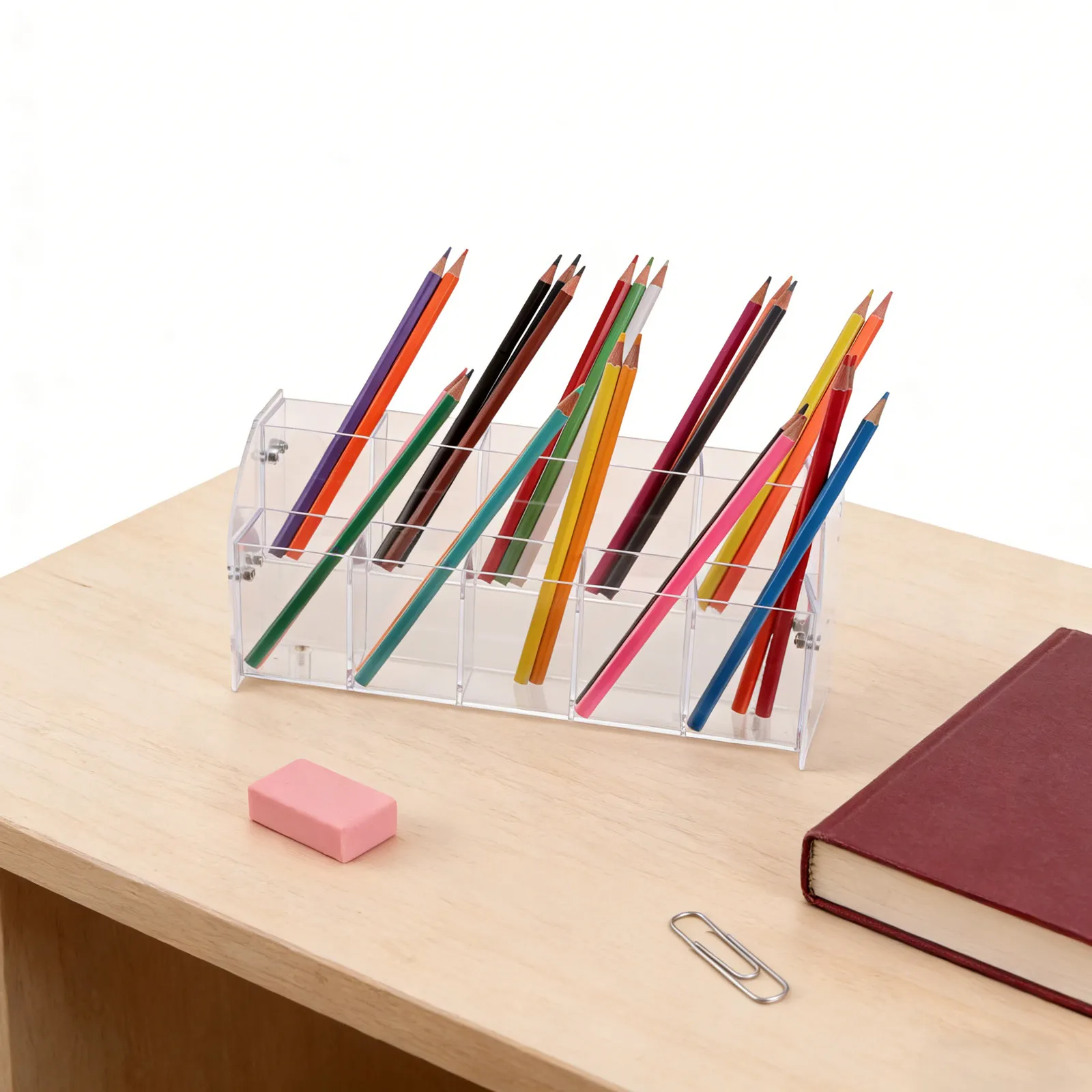 Clear Acrylic Pen Display Stand Tiered Rack 10 Slot Transparent Pen Holder Display for Desk Stationery Makeup Brushes Office