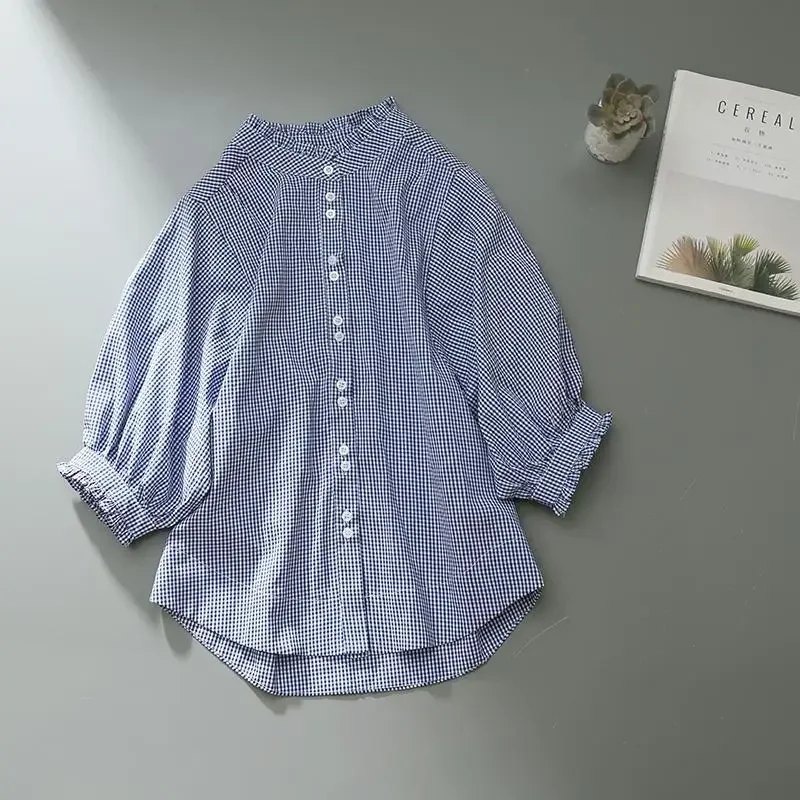 Women's Clothing Spring Summer 2024 Tops Vintage French Lantern Sleeve Elegant and Youth Woman Blouses Lace Blue Plaid Shirt