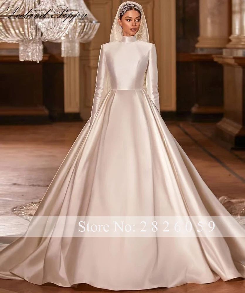 Lceland Poppy Customized A Line High Neck Satin Wedding Dresses Full Sleeves Illusion Back Bridal Gowns with Chapel Train