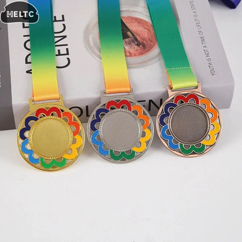 1Pcs Flowers Colour Medal With Color Ribbon Gold Silver Copper Color Blank Medals Suitable For Various Competitions Souvenir