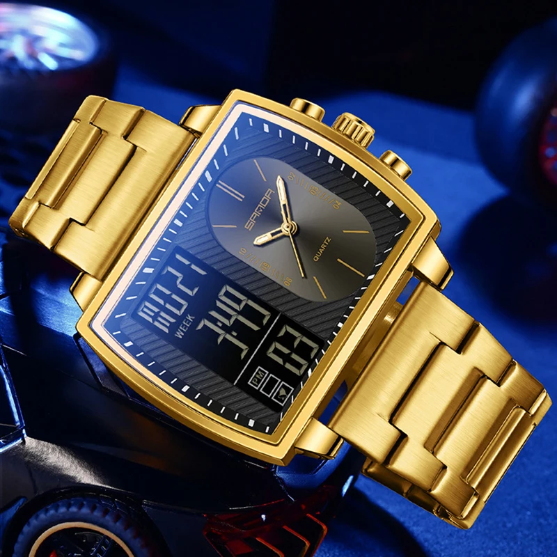 Rectangle Men Wrist Watch 2025 Top Brand Luxury Male Clock Gold Stainless Steel Band Dual Display Digital Quartz Watches For Men