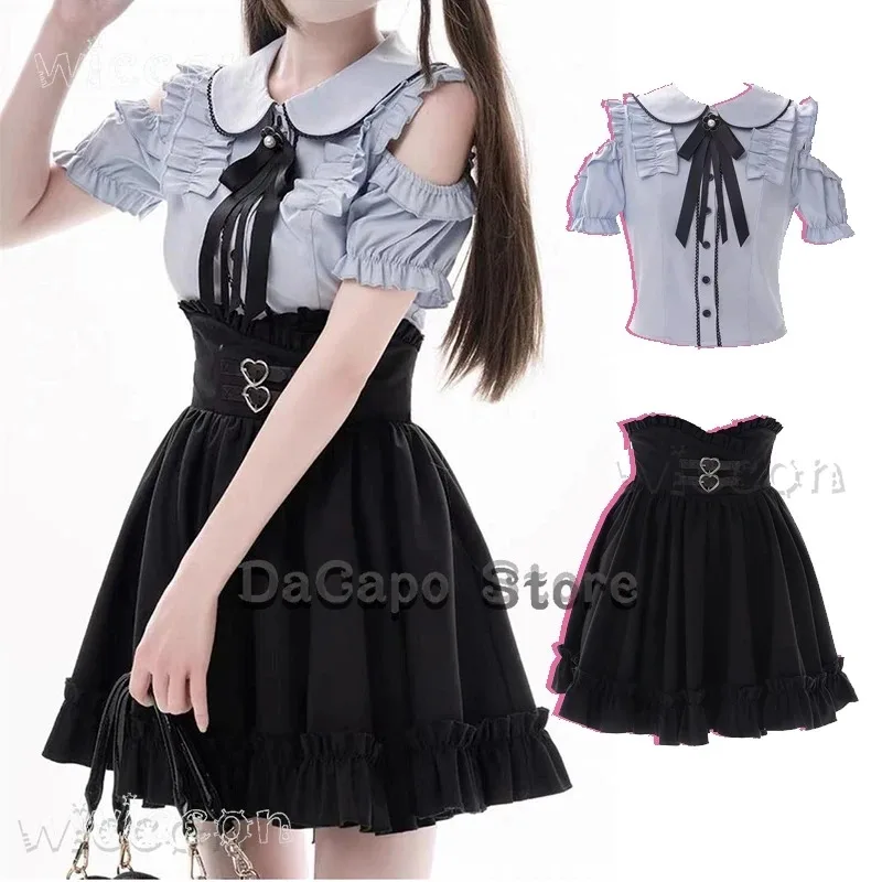

Jirai kei Lolita JK Skirt Set Women Kawii Bow Blouse Slim Black Skirt Female Japanese Students Girls Blue Suit Peter Pan Collar