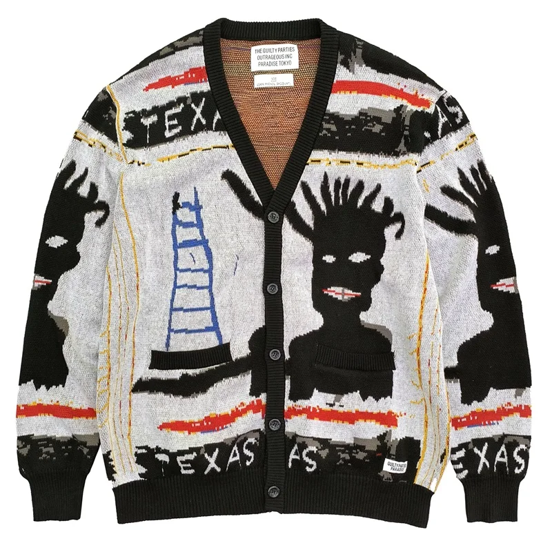 Streetwear WACKO MARIA Creative Knit Jacquard Cardigan V-neck Cotton Autumn Winter Men Women High-end Sweater Jacket