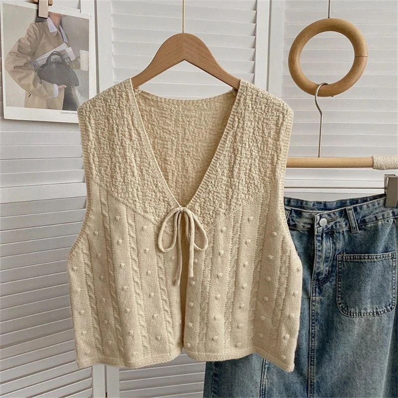 Vintage Lace Up Sweater Vest Women New Korean V-neck Sleeveless Simple Knitted Cardigan Female Waistcoat Autumn Loose Casual Top