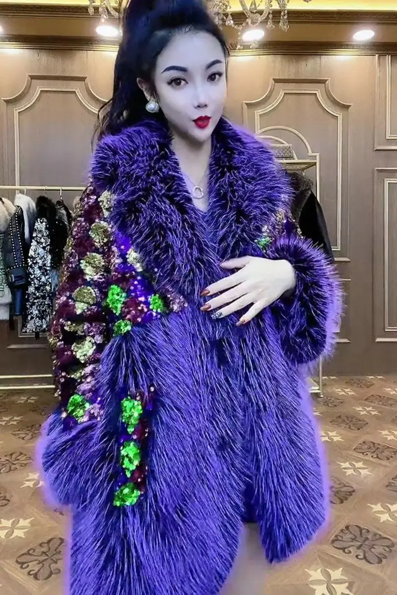Faux Fur Coat for Women,Sequins Jacket,Covered Button Loose Long Overcoat, Thick Warm Female Clothing,New,High Quality,Winter