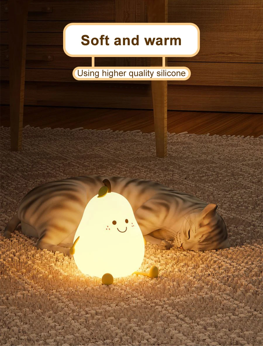 LED Pear Fruit Silicone Night Light 7 Colors Dimming Touch USB Rechargeable Cartoon Bedside Lamp Bedroom Decor Cute Kid Gift