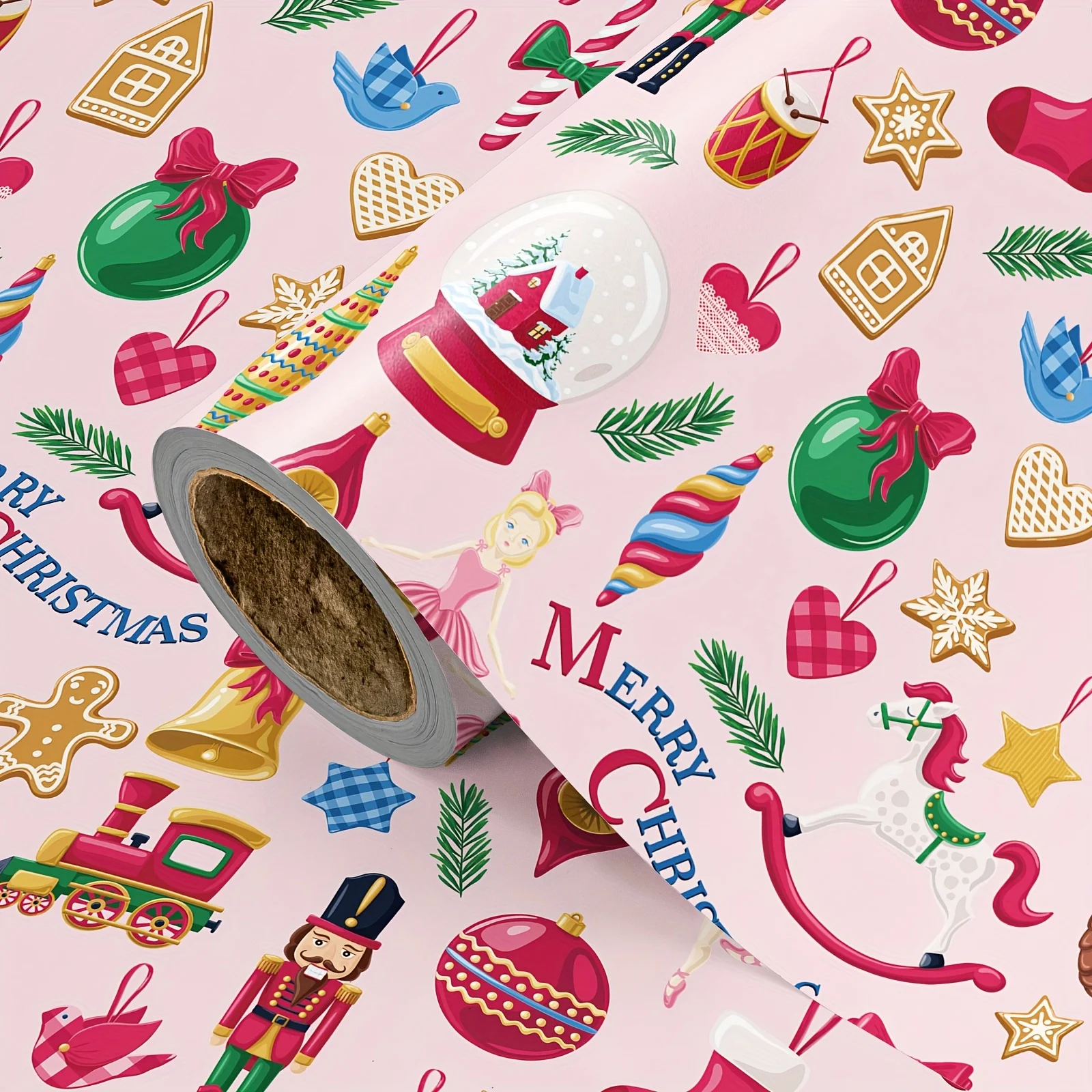 1 Roll of Christmas Wrapping Paper |   Snowflake Balls in Foundation Colors, Ballet Girls, Nutcrackers, Gingerbread Men, Decorative Balls, Bells, Trains, Rocking Horses, and “Merry Christmas” Designs - Suitable for Holiday Gift-Giving, Girly Holiday Decorations - 43.2cm × 500cm (17inch × 16.5 Feet)