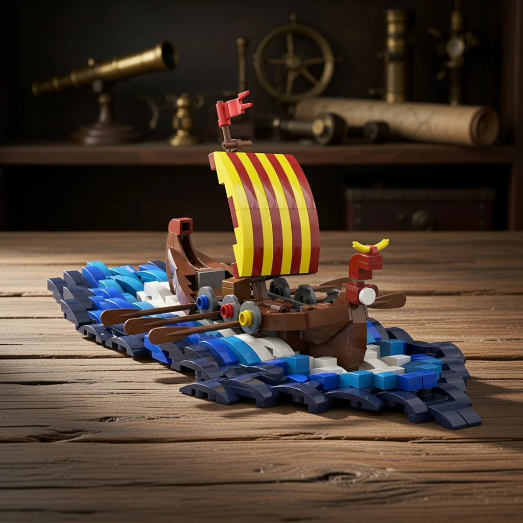 

MOC Viking Longship Building Blocks Ocean Waves Base Nordic Boat Bricks Assembly Model Desktop Ornament For Adults Fans