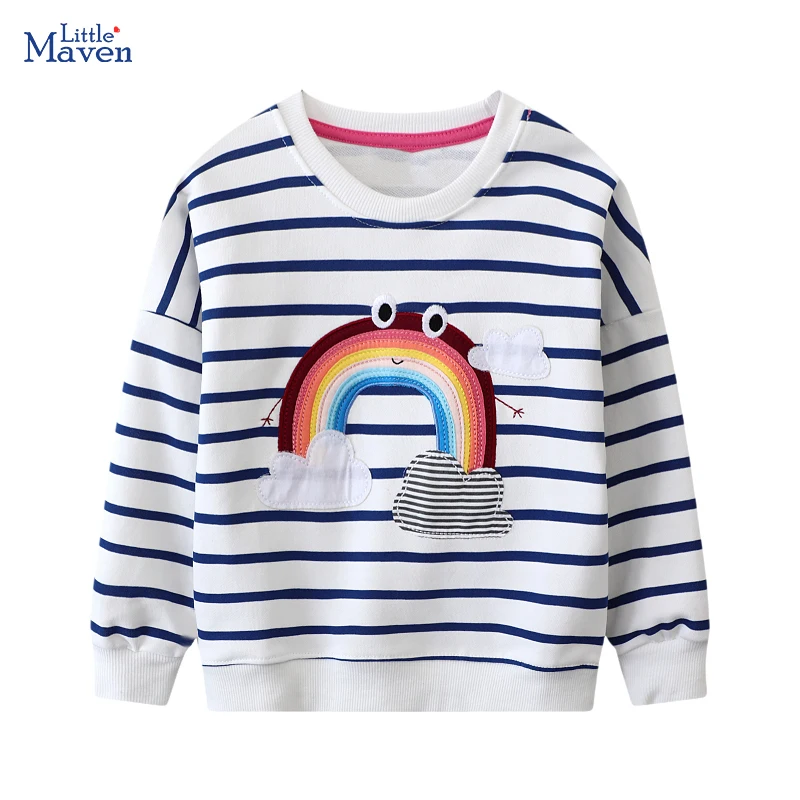 Little maven Baby Girls 2024 Autumn Spring New Sweatshirts Embroidered Rainbow Long Sleeve Striped Sweatshirt for Kids Clothes