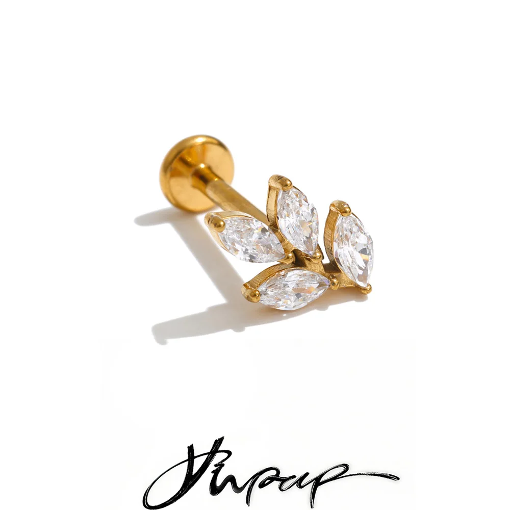 Yhpup 1PC 316 Stainless Steel Zirconia Leaf Fashion Stud Earrings Waterproof CZ Flat Back Cartilage Ear Piercing Jewelry