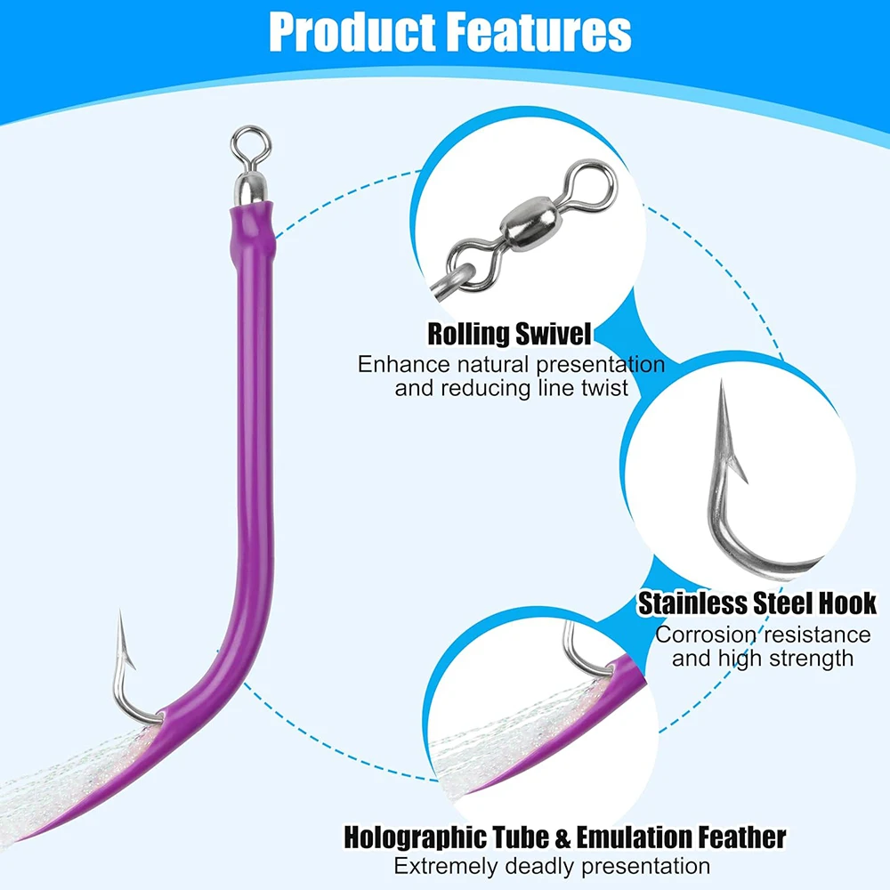 10Pcs Trolling Tube Fishing Lure  Cod Rig Tube Teaser with Stainless Steel J Hook Striped Bass Offshore Big Game jigs fishing view 3