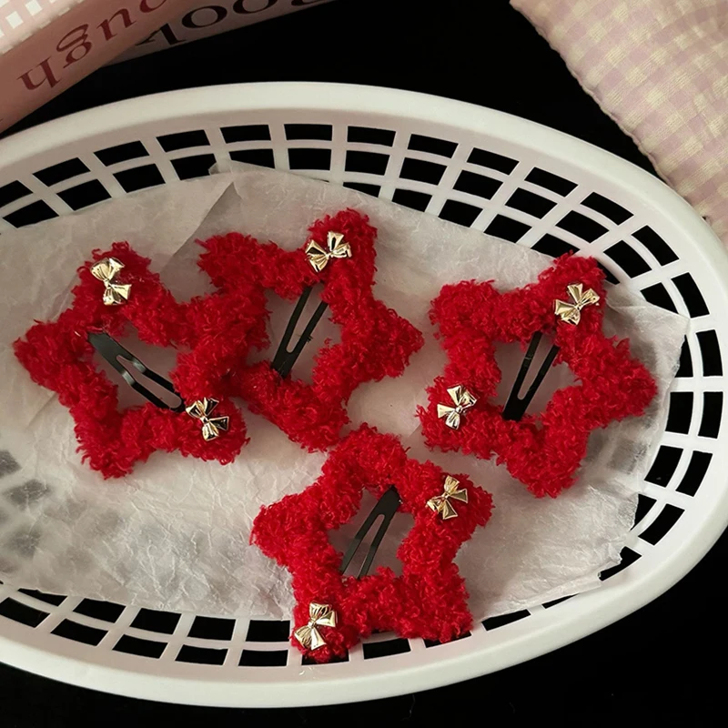 

New Year Red Star Hair Clips Cute Plush Bangs Clip Girls Hairpins Autumn Winter Headwear for Children Adult Hair Accessories