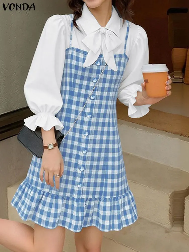 VONDA 보헤미안 짧은 드레스 여름 여성 3/4 퍼프 슬리브 캐주얼 격자 무늬 베스 티드 루즈 라펠 러플 스트리트 패치 워크 파티 로브