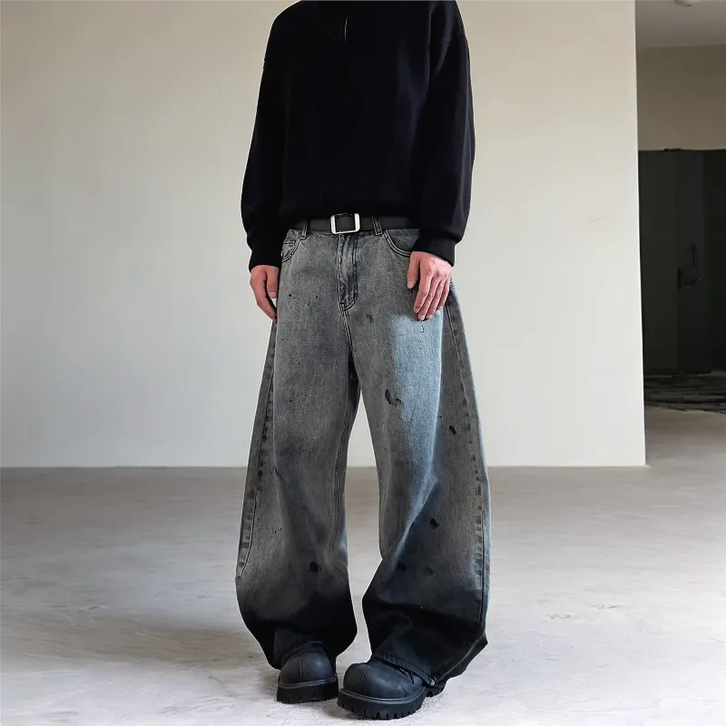 

High Street Men's Jeans Splash-ink Dirty-dying Casual Contrast Color Bottom Male Loose Curved-knife Denim Jeans