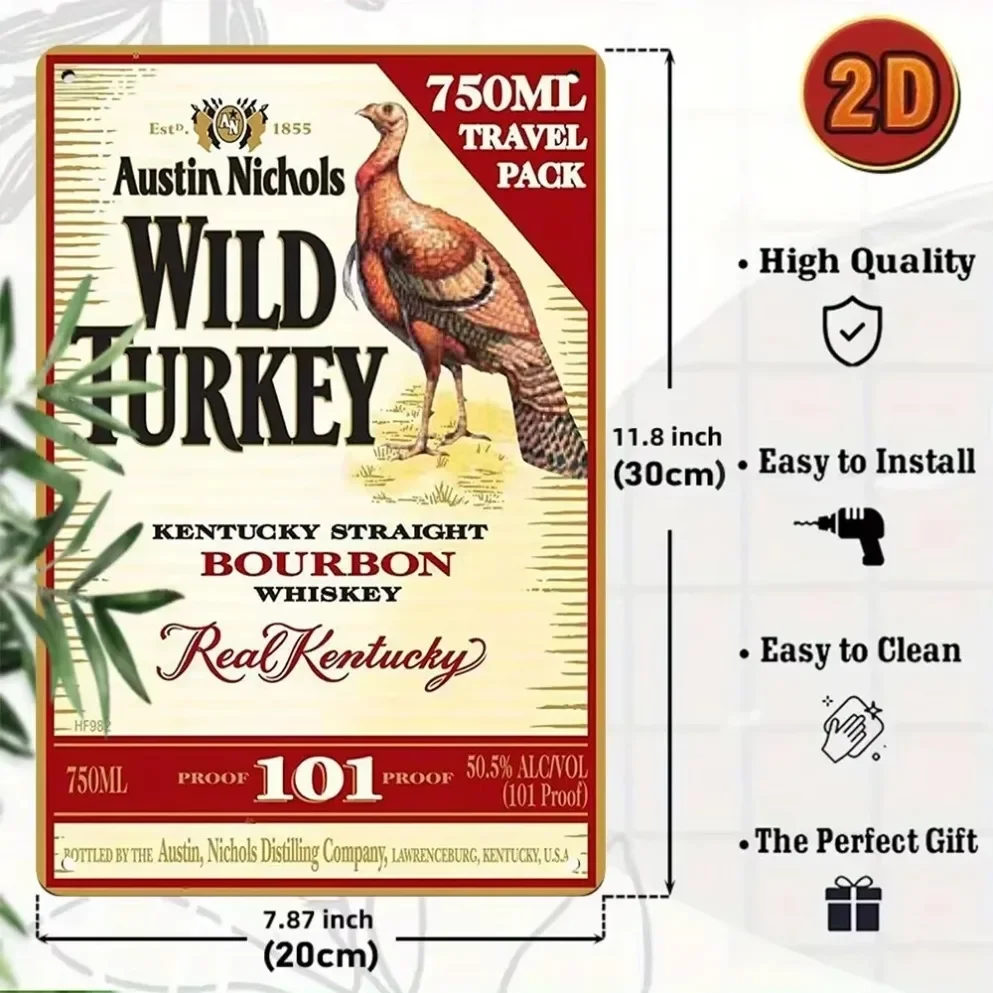 1PC Home and Garden with The Austin Nichols Wild Turkey Vintage Aluminum Sign. Charming Wall - Hanging Perfect for Decor.