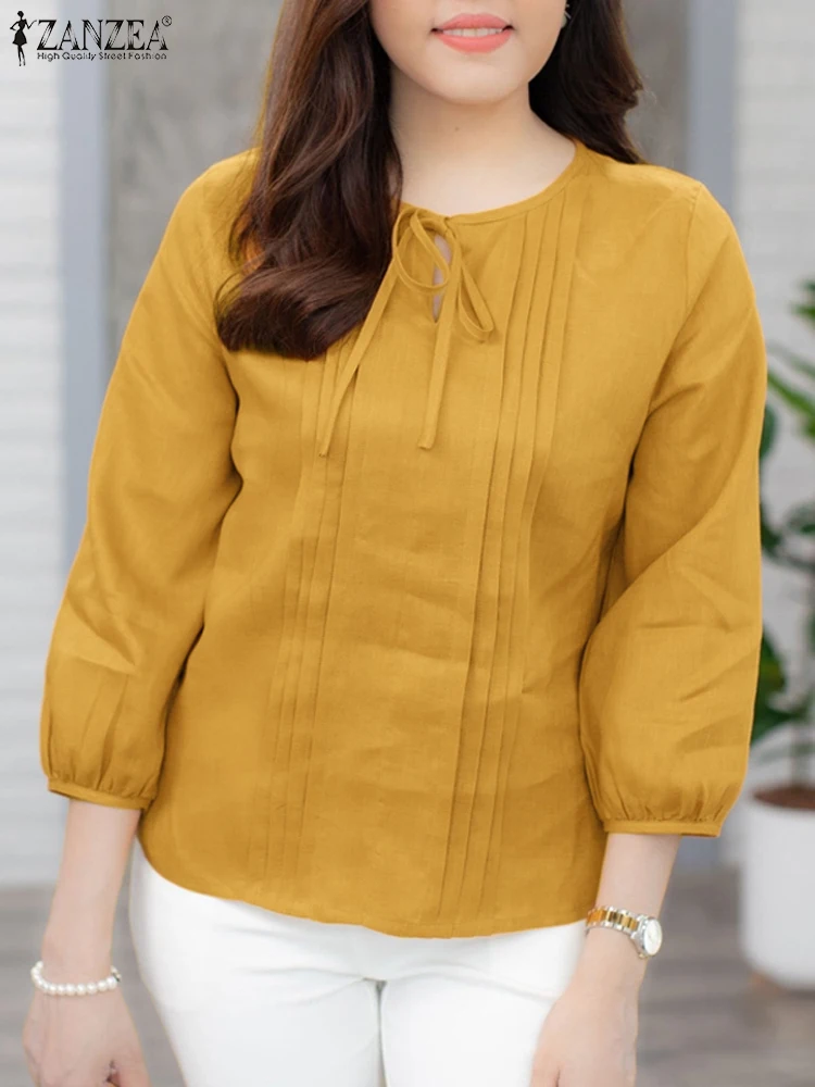 

ZANZEA Women 3/4 Puff Sleeve Shirts 2024 Autumn Solid Color Blouse Fashion Lace-up Neck Tops Casual Loose Pleating Basic Tunics