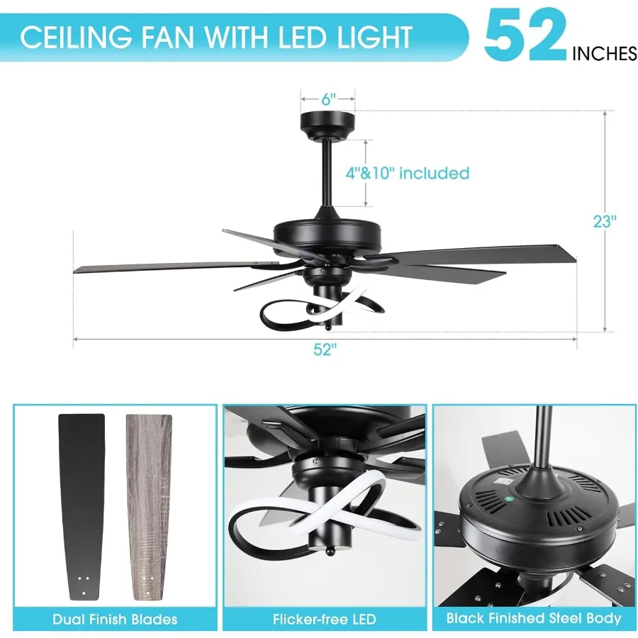 Ventilador de teto de 52 polegadas com luz integrada e controle remoto para quarto Design preto de baixo perfil adequado para pátios ao ar livre F