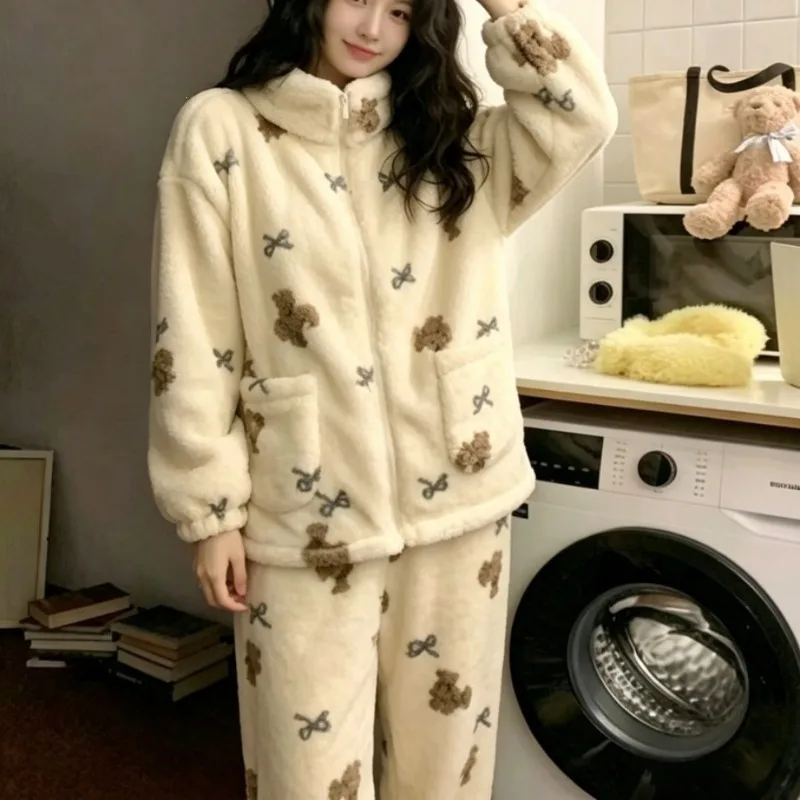 Women Pajamas Coral Fleece Pajamas Lady Girl Student Autumn Winter Plus Size Loose Fit Print Thickened Fleece Home Wear Pajamas