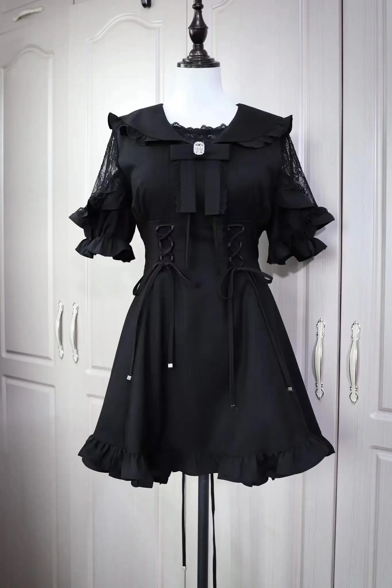 Japanese Mine Lace Patchwork Sailor Collar Short Sleeve Waist-Controlled Black Dress Shirt and Shorts 2 Peice Set Sweet Outfits