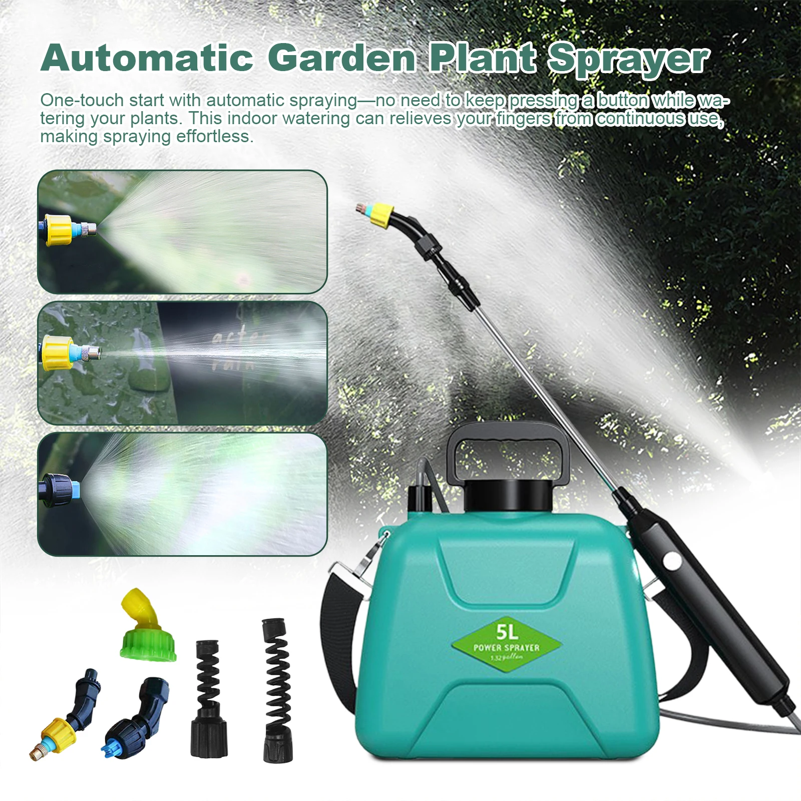 5L Battery Powered Sprayer with 3 Mist Nozzles Rechargeable Retractable Wand with Shoulder Strap for Yard Lawn and Garden