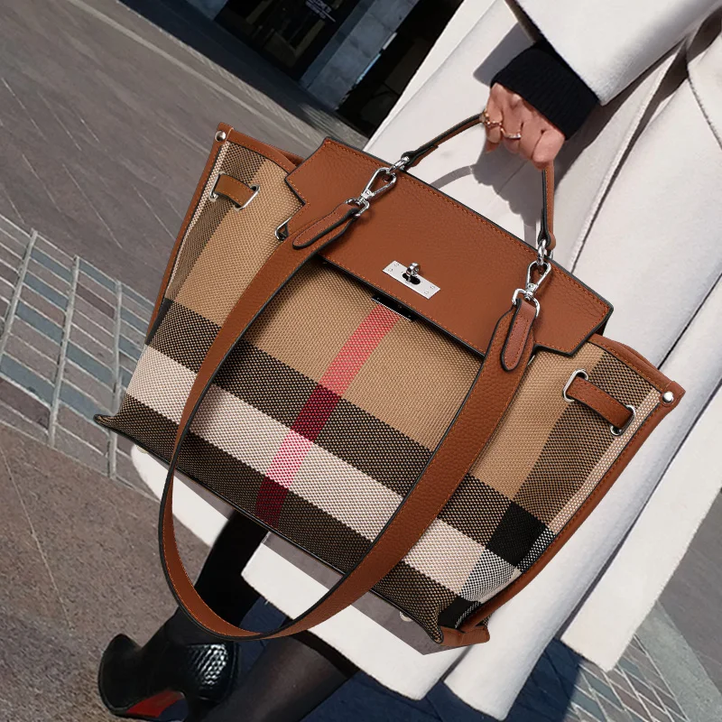 Canvas and Cowhide Leather Women Satchel Bag, Plaid Stripe Handbag with Turn Lock, Multi-Pocket Shoulder Purse for Travel