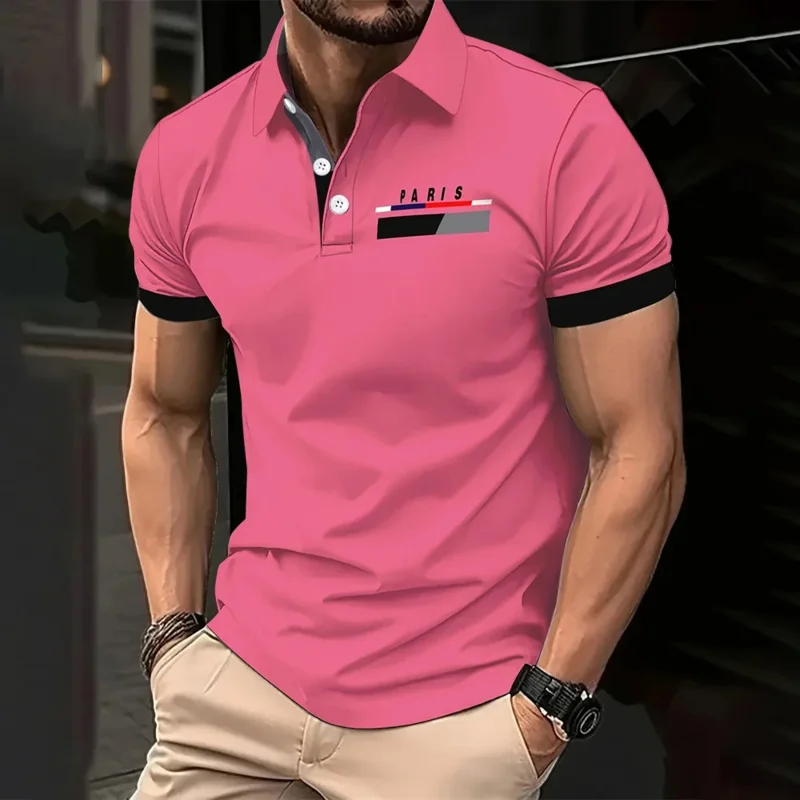 Parisian print short-sleeved polo shirt for men's casual style, multi-functional lapel shirt, summer street men's casual breatha view 5