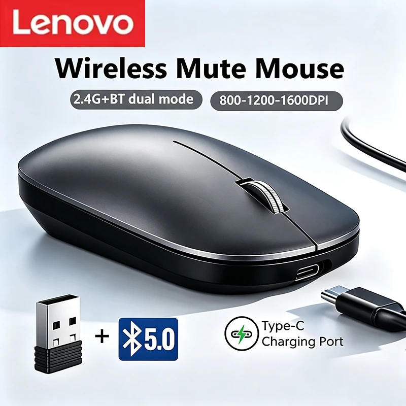 Lenovo 2026 New Type-C Charging Silent Dual-Mode Morandi Multi-Color Wireless Mouse Dual-Mode 2.4G Bluetooth Wireless Mouse