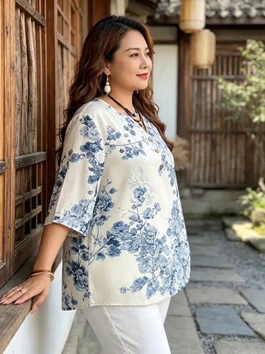Plus Size Floral Print Blouse Notch V‑Neck 3/4 Sleeve Decor Buttons Loose Vintage Boho Women Casual Daily Top