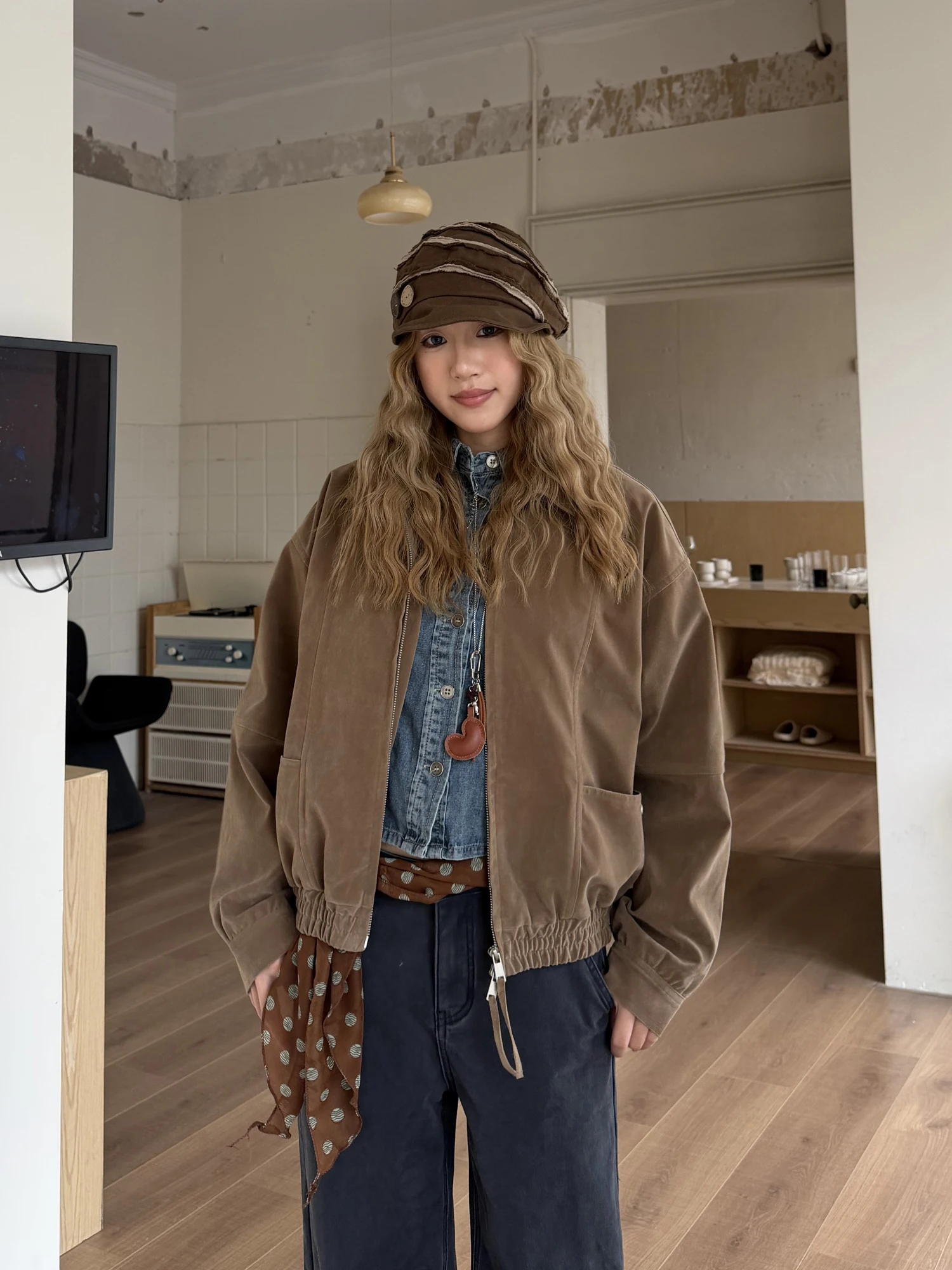 

Suede Patchwork Jaet Coat ex Spring Autumn Loose Top Versatile American Sle Polyester Viscose Elastic Waist Zipper Decor