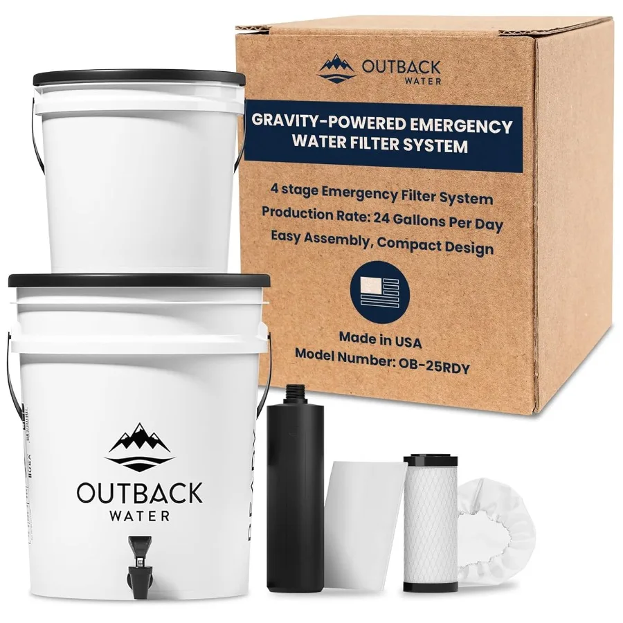 

Outback Emergency Drinking Water Filter System - Gravity Fed Bucket Water Filtration for Survival Off-Grid Disaster Preparednes
