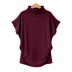 2024 Large Women's Half High Neck Bat Sleeve Top Solid Color Polyester Cotton Loose Short Sleeve T-shirt for Women