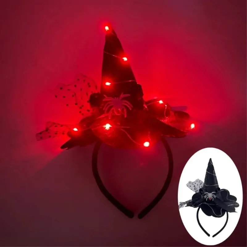 LED Halloween Glow Witch Pointed Hat Battery Light Headband Dance Show HeadbandGlowing Cap Bat Spider Lace Festival Decorative