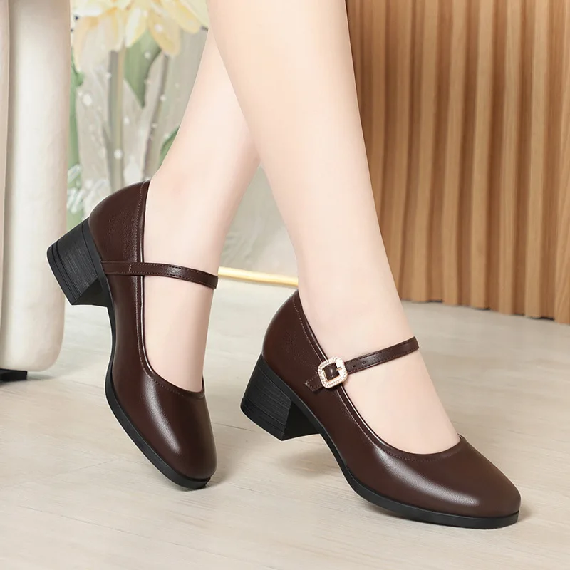 

Винтажная удобная элегантная женская обувь 4,5 см, мягкая кожаная обувь Мэри Джейн, осень 2024, туфли на блочном каблуке для офиса, мамы, повседневной работы