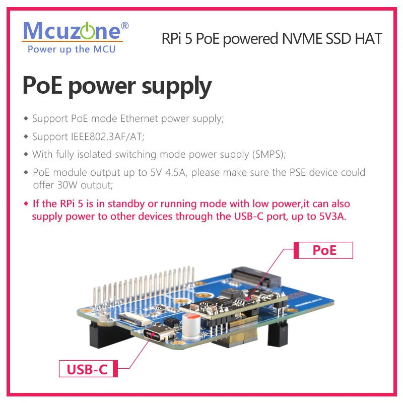 MPS2280-PoE, Raspberry Pi5 PoE powered NVME SSD HAT, PCIE M.2 NVME 2280 SSD,support 2242,2230, POE powerde 5v4.5A