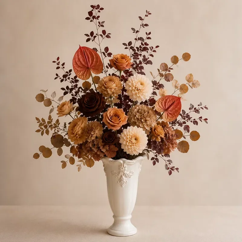 Vintage French Autumn Artificial Flower Arrangement Silk Dahlia Rose Anthurium Ceramic Vase Handmade Realistic Wedding Home
